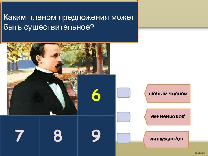 В6. любым членом дополнением подлежащим 6 Каким членом предложения может быть существительное? 9 8 7