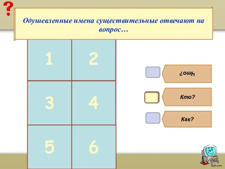 В1. Что? Кто? Как? 1 2 3 4 5 6 Одушевленные имена существительные отвечают на вопрос…