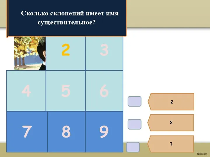 2 3 1 2 3 4 5 6 Сколько склонений имеет имя существительное? 8 7 9