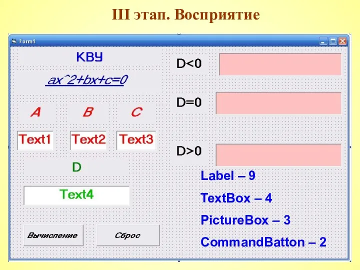 IІІ этап. Восприятие Label – 9 TextBox – 4 PictureBox – 3 CommandBatton – 2