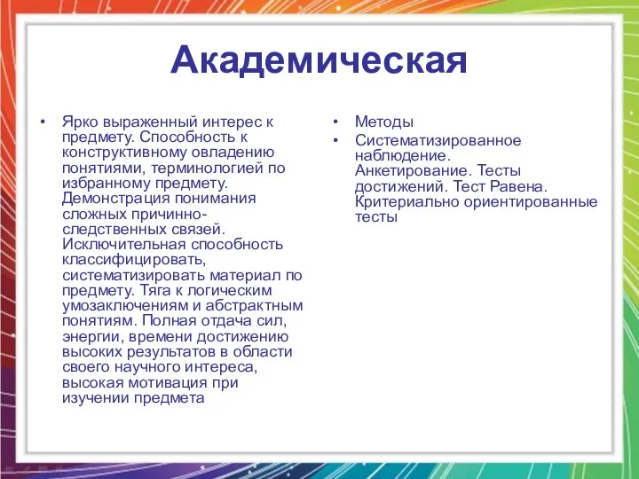 Академическая Ярко выраженный интерес к предмету. Способность к конструктивному овладению понятиями,