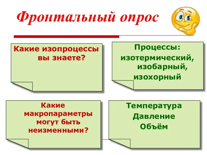 Фронтальный опрос Температура Давление Объём Какие макропараметры могут быть неизменными? Процессы: