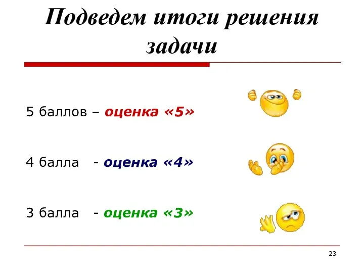 Подведем итоги решения задачи 5 баллов – оценка «5» 4 балла