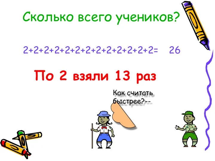 По 2 взяли 13 раз Сколько всего учеников? 2+2+2+2+2+2+2+2+2+2+2+2+2= Как считать быстрее?-- 26