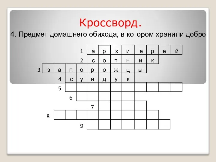 Кроссворд. 4. Предмет домашнего обихода, в котором хранили добро