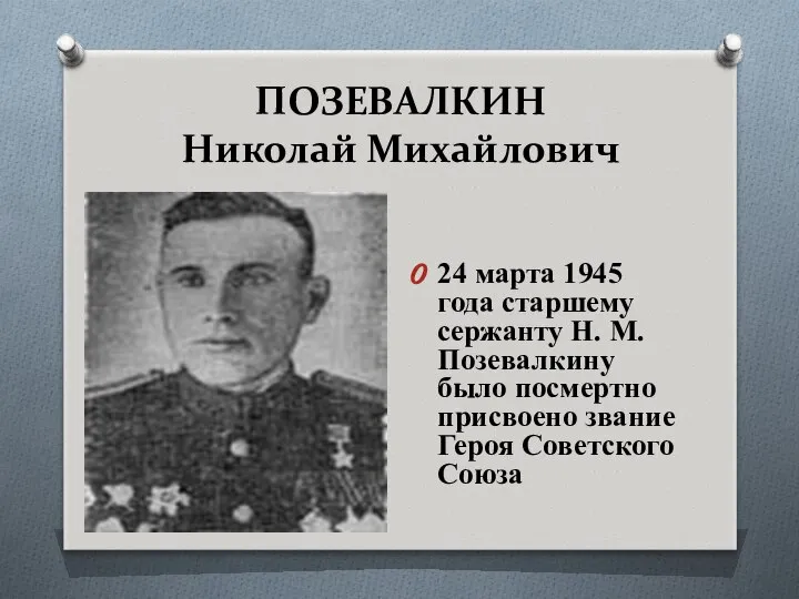 ПОЗЕВАЛКИН Николай Михайлович 24 марта 1945 года старшему сержанту Н. М.