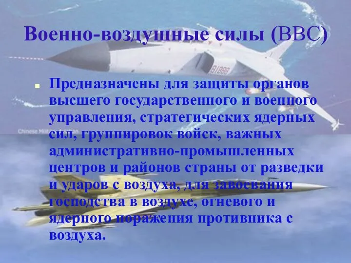 Военно-воздушные силы (ВВС) Предназначены для защиты органов высшего государственного и военного