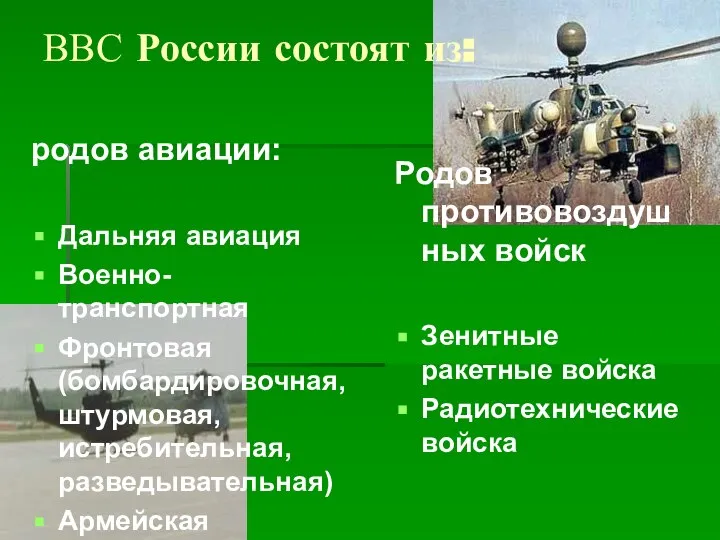 ВВС России состоят из: родов авиации: Дальняя авиация Военно-транспортная Фронтовая (бомбардировочная,