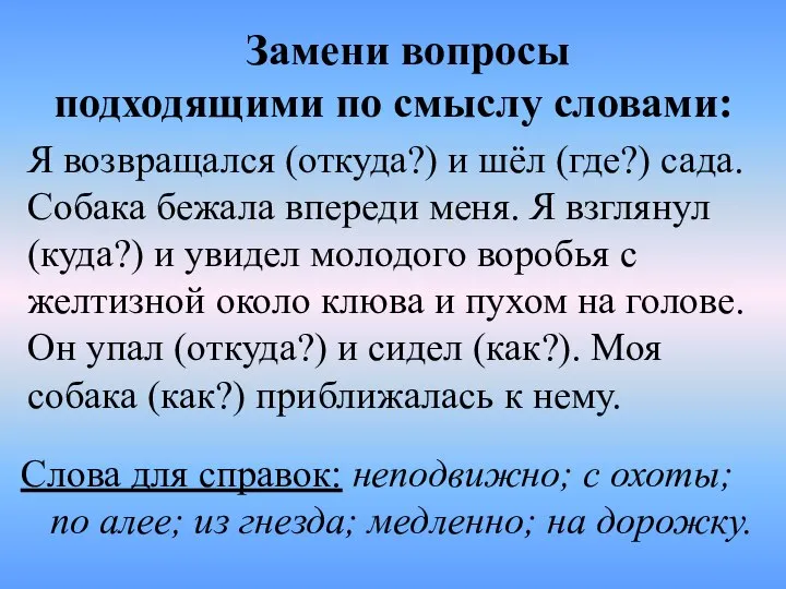 Я возвращался (откуда?) и шёл (где?) сада. Собака бежала впереди меня.