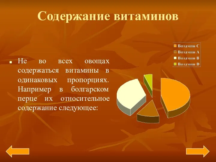 Содержание витаминов Не во всех овощах содержаться витамины в одинаковых пропорциях.