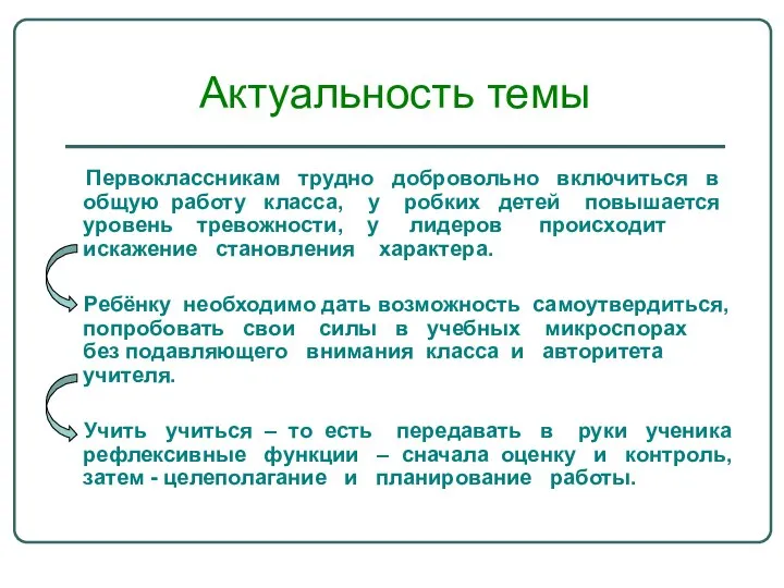 Актуальность темы Первоклассникам трудно добровольно включиться в общую работу класса, у