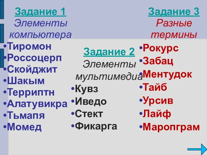 Задание 1 Элементы компьютера Тиромон Россоцерп Скойджит Шакым Терриптн Алатувикра Тьмапя