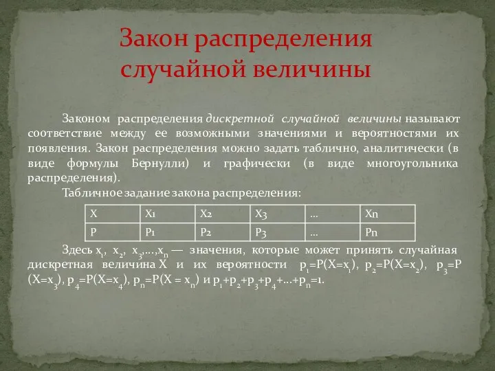 Законом распределения дискретной случайной величины называют соответствие между ее возможными значениями