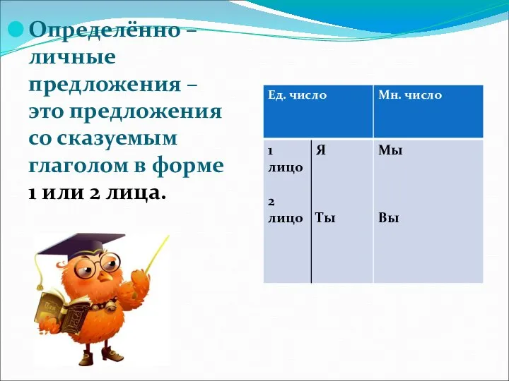 Определённо – личные предложения – это предложения со сказуемым глаголом в форме 1 или 2 лица.