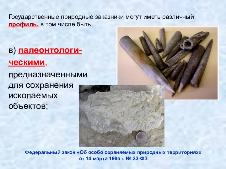 в) палеонтологи- ческими, предназначенными для сохранения ископаемых объектов; Государственные природные заказники