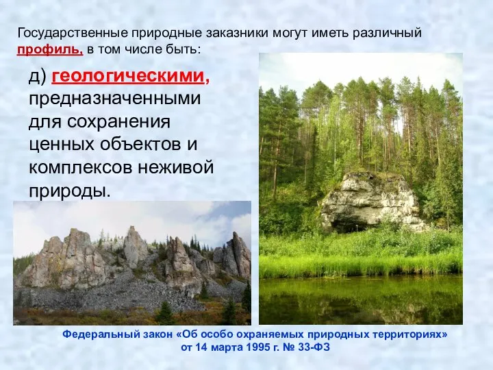 д) геологическими, предназначенными для сохранения ценных объектов и комплексов неживой природы.