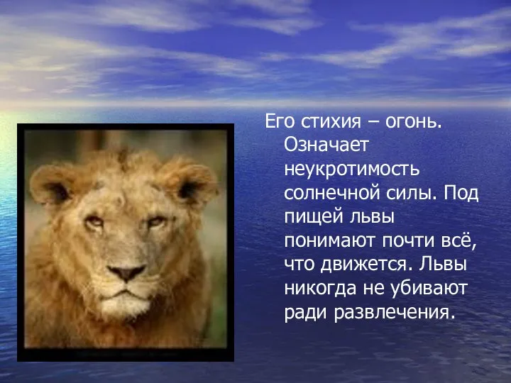 Его стихия – огонь. Означает неукротимость солнечной силы. Под пищей львы