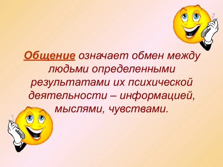 Общение означает обмен между людьми определенными результатами их психической деятельности – информацией, мыслями, чувствами.