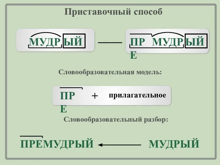 МУДРЫЙ Приставочный способ Словообразовательная модель: Словообразовательный разбор: ЫЙ МУДР ЫЙ МУДР ПРЕ ПРЕМУДРЫЙ ПРЕ + прилагательное