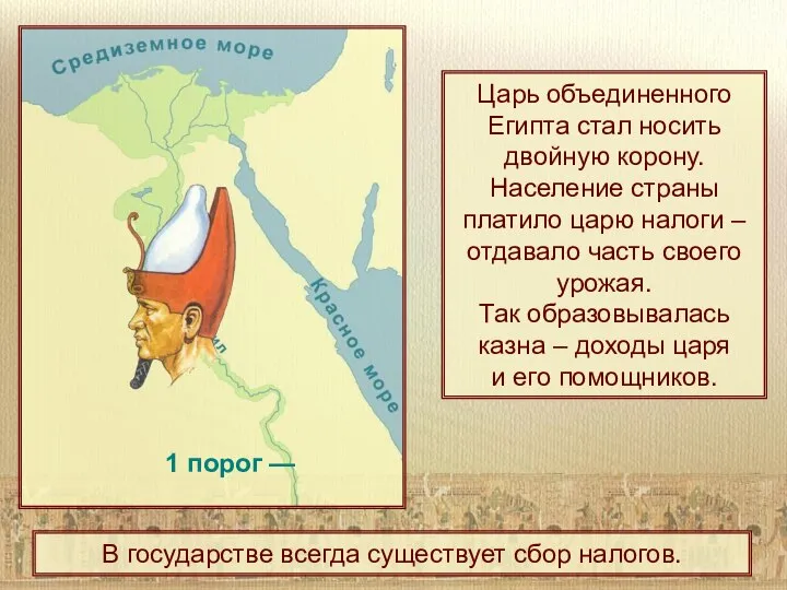 1 порог — Царь объединенного Египта стал носить двойную корону. Население