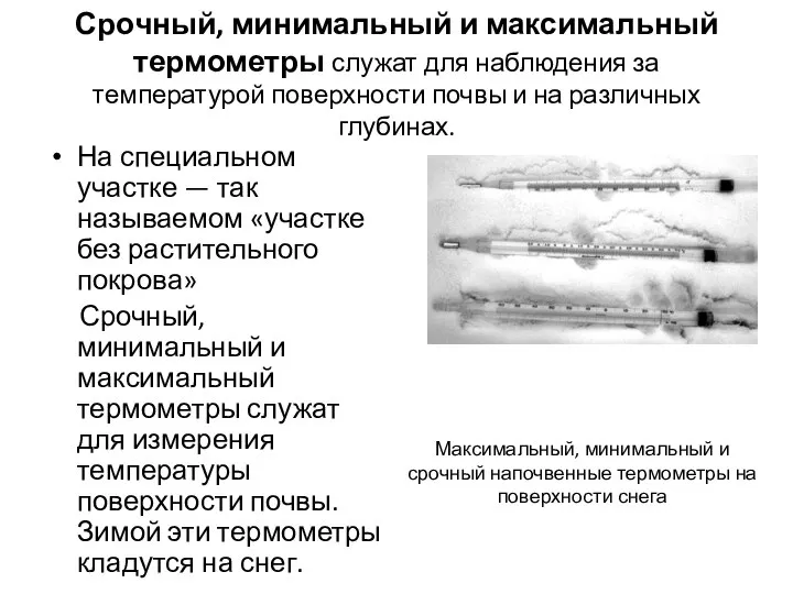 Срочный, минимальный и максимальный термометры служат для наблюдения за температурой поверхности