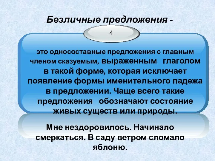 Безличные предложения - Мне нездоровилось. Начинало смеркаться. В саду ветром сломало яблоню.