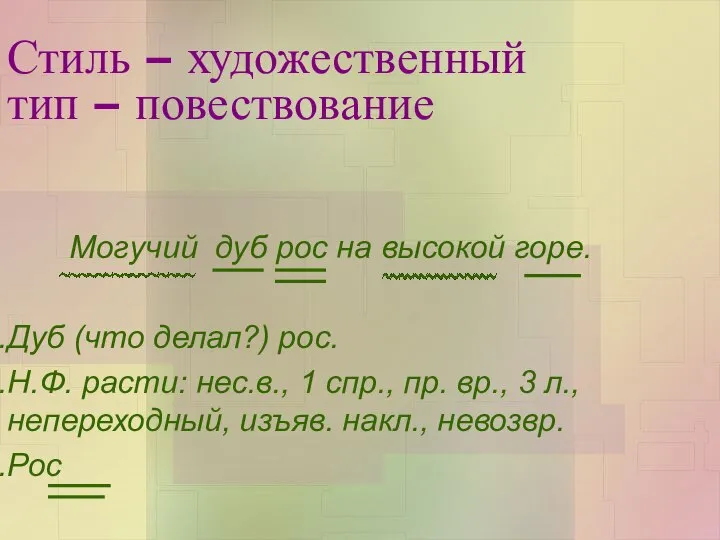 Стиль – художественный тип – повествование Могучий дуб рос на высокой