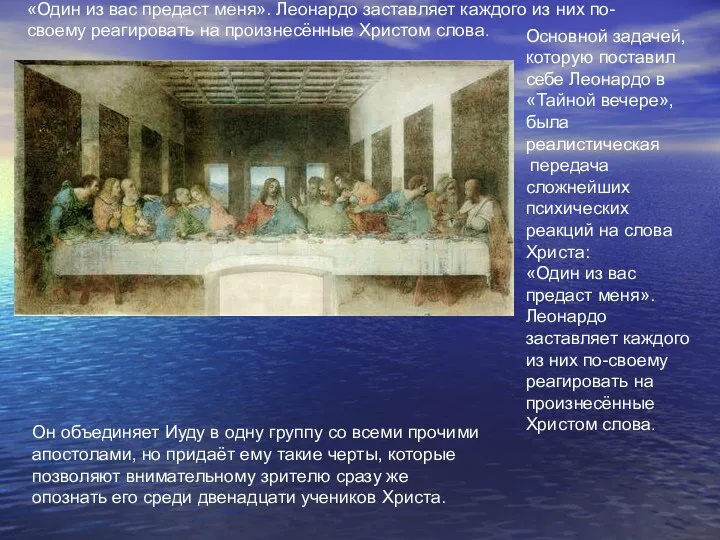 Основной задачей, которую поставил себе Леонардо в «Тайной вечере», была реалистическая