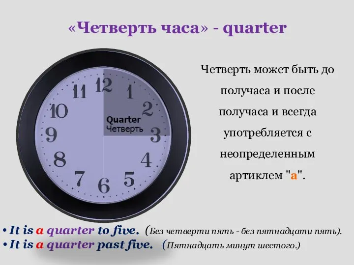 «Четверть часа» - quarter Четверть может быть до получаса и после