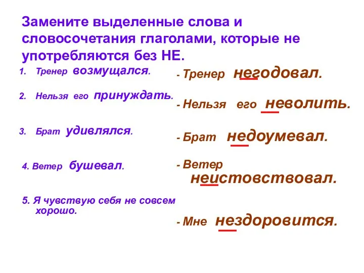 Замените выделенные слова и словосочетания глаголами, которые не употребляются без НЕ.