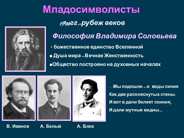 Младосимволисты 1900гг.-рубеж веков Философия Владимира Соловьева …Мы подошли – и воды