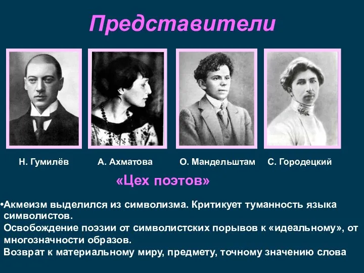 Представители «Цех поэтов» Н. Гумилёв А. Ахматова О. Мандельштам С. Городецкий