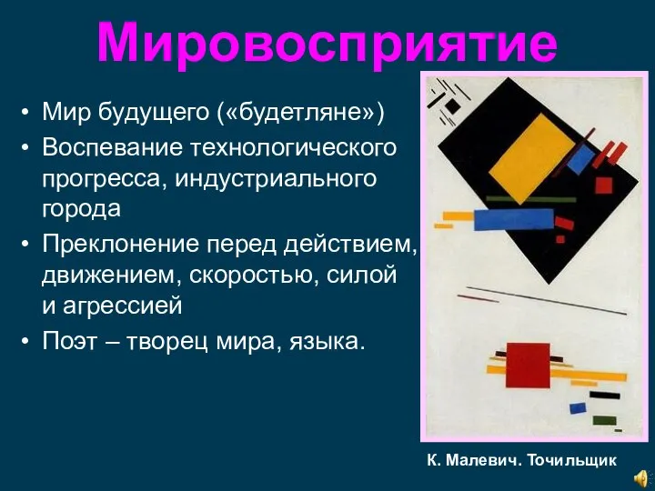 Мировосприятие Мир будущего («будетляне») Воспевание технологического прогресса, индустриального города Преклонение перед