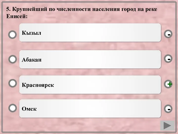 5. Крупнейший по численности населения город на реке Енисей: Красноярск Абакан