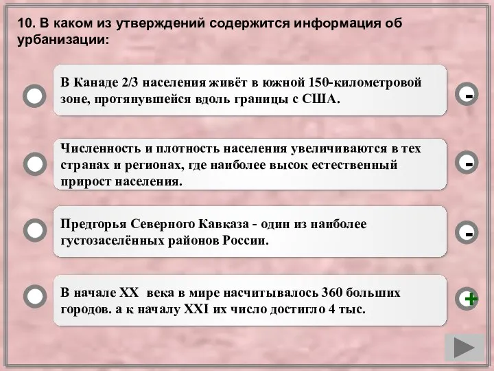 10. В каком из утверждений содержится информация об урбанизации: В начале