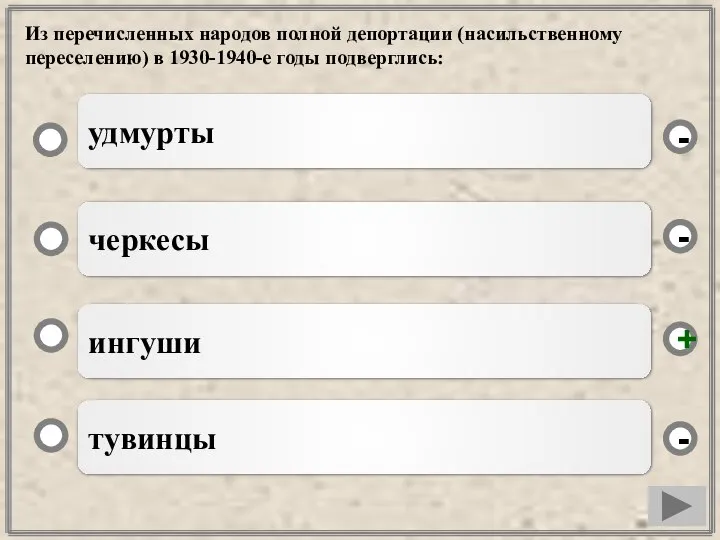 Из перечисленных народов полной депортации (насильственному переселению) в 1930-1940-е годы подверглись: