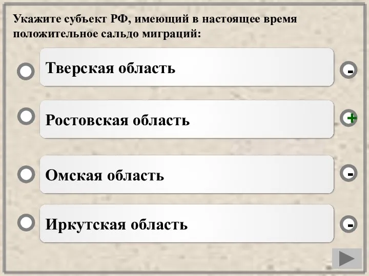 Укажите субъект РФ, имеющий в настоящее время положительное сальдо миграций: Ростовская