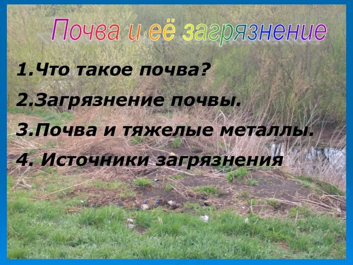 1.Что такое почва? 2.Загрязнение почвы. 3.Почва и тяжелые металлы. 4. Источники загрязнения Почва и её загрязнение