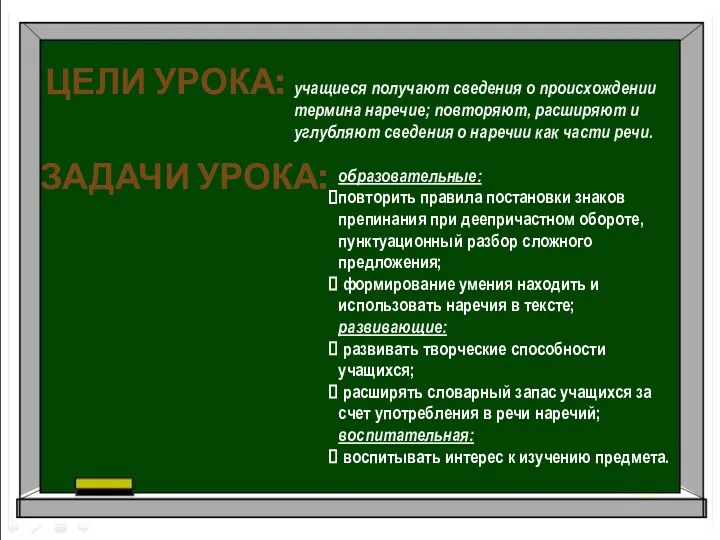 Цели урока: учащиеся получают сведения о происхождении термина наречие; повторяют, расширяют