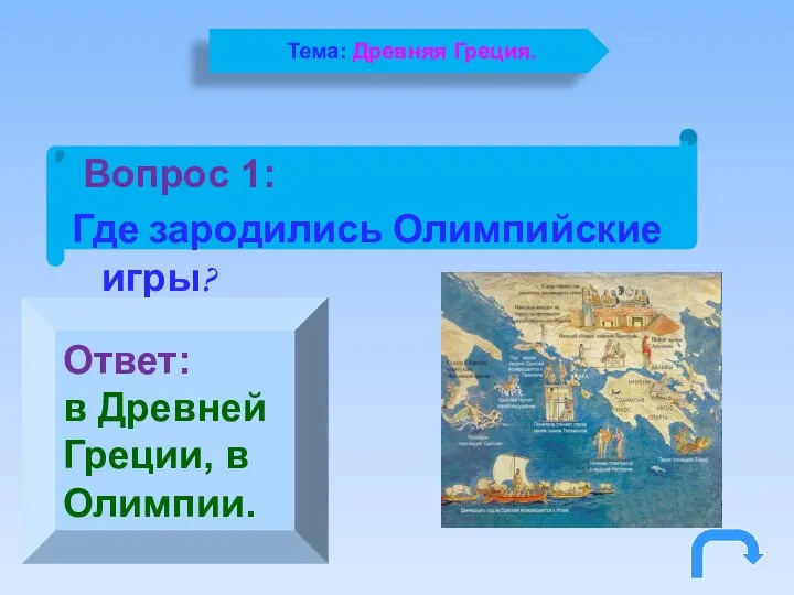 Вопрос 1: Где зародились Олимпийские игры? Ответ: в Древней Греции, в Олимпии. Тема: Древняя Греция.