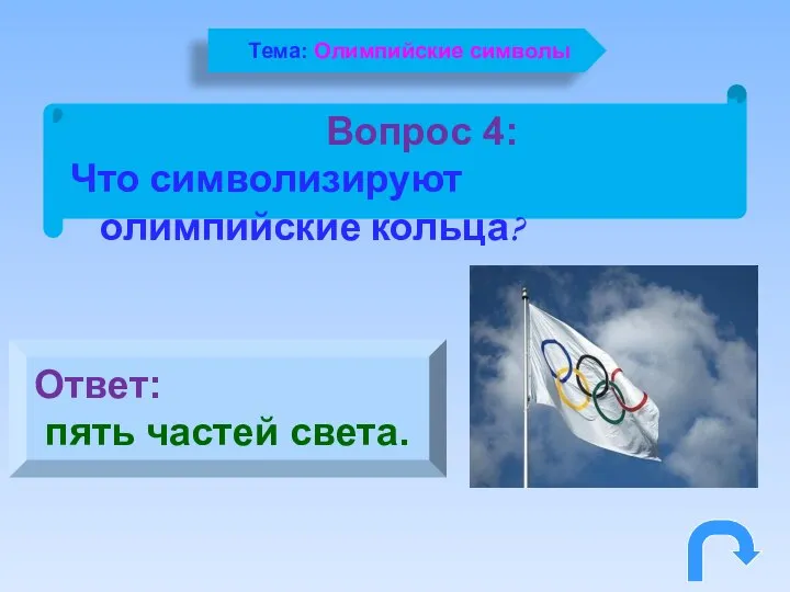 Вопрос 4: Что символизируют олимпийские кольца? Ответ: пять частей света. Тема: Олимпийские символы