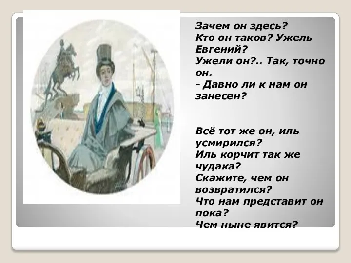 Зачем он здесь? Кто он таков? Ужель Евгений? Ужели он?.. Так,