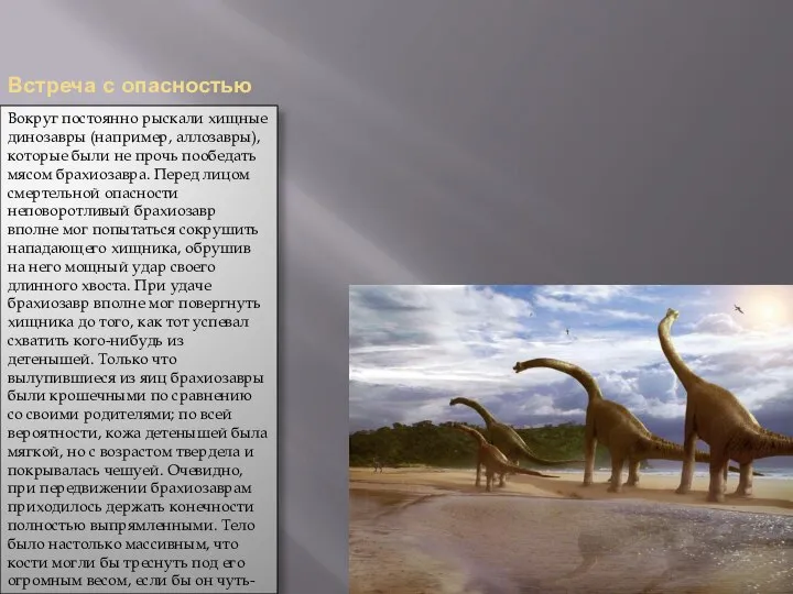 Встреча с опасностью Вокруг постоянно рыскали хищные динозавры (например, аллозавры), которые