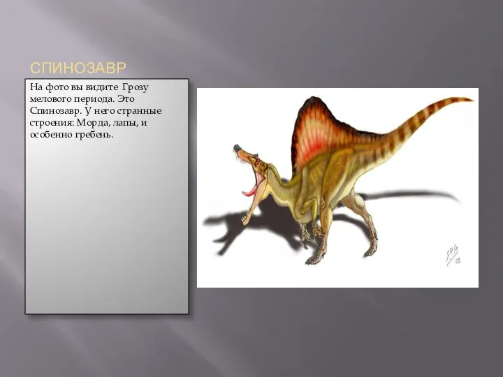 СПИНОЗАВР На фото вы видите Грозу мелового периода. Это Спинозавр. У