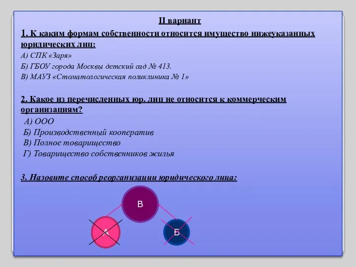 II вариант 1. К каким формам собственности относится имущество нижеуказанных юридических