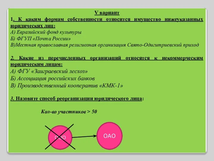 V вариант 1. К каким формам собственности относится имущество нижеуказанных юридических