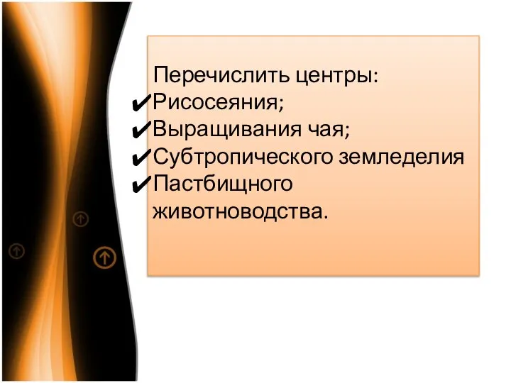 Перечислить центры: Рисосеяния; Выращивания чая; Субтропического земледелия Пастбищного животноводства.