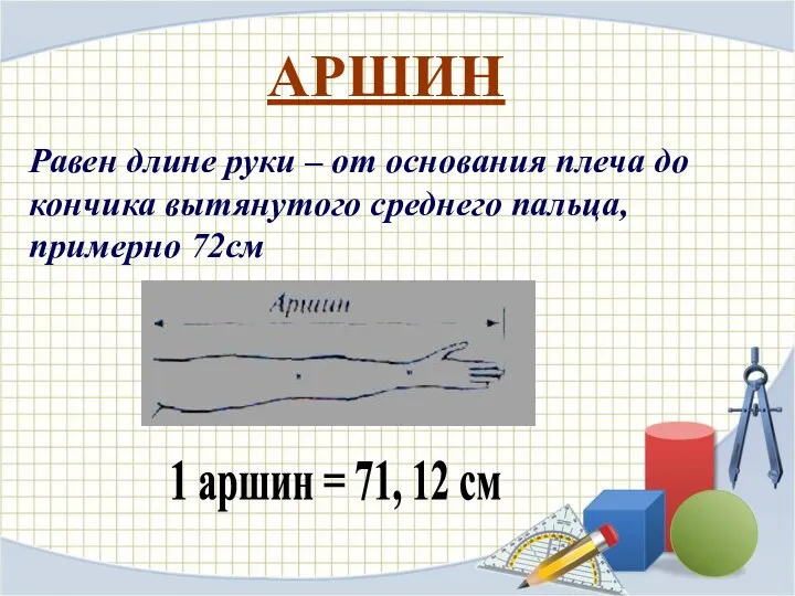 АРШИН Равен длине руки – от основания плеча до кончика вытянутого