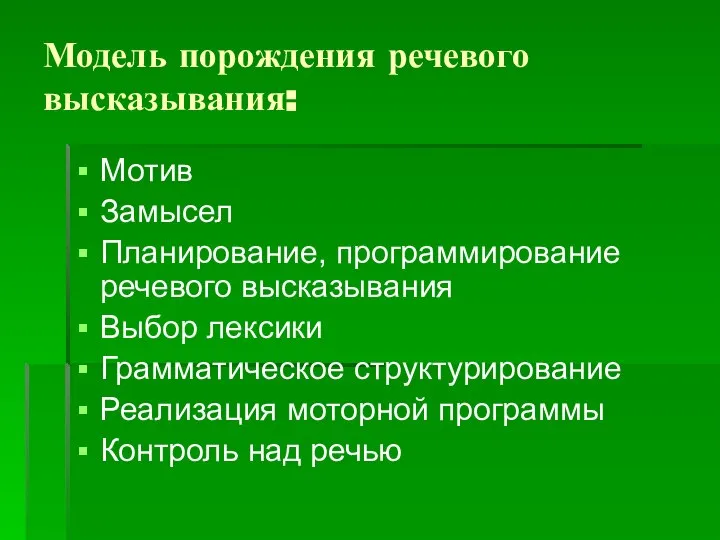 Модель порождения речевого высказывания: Мотив Замысел Планирование, программирование речевого высказывания Выбор