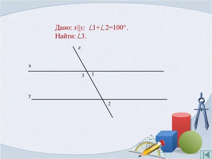 Дано: x||y; 1+ 2=100°. Найти: 3.